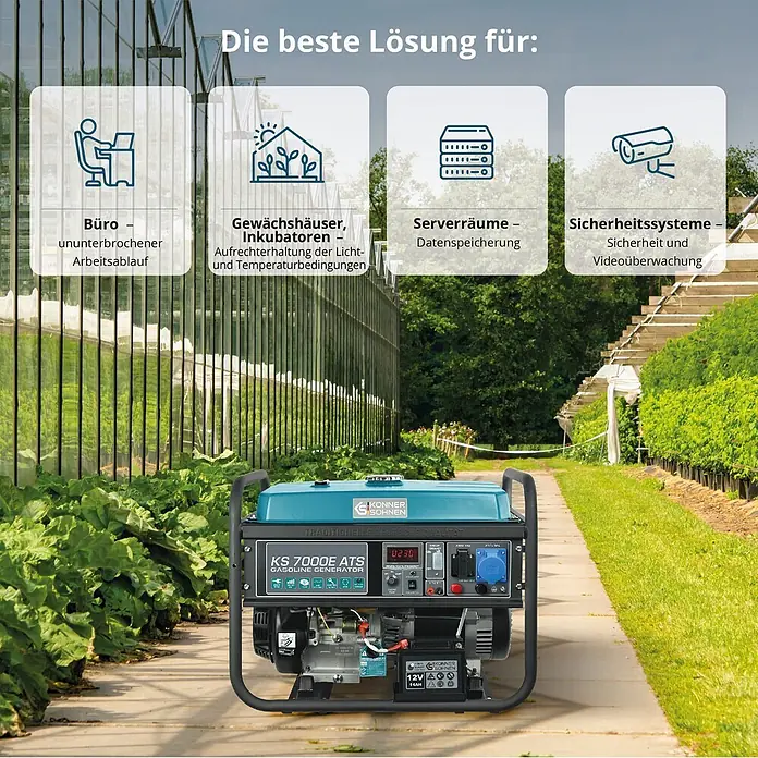 Könner & Söhnen Stromerzeuger KS 7000E ATS - Nennleistung: 5 kW, Tankvolumen: 25 l - Ein türkis-schwarzer KS 7000E ATS Benzingenerator im Freien, zur Stromversorgung von Büros, Gewächshäusern oder Sicherheitssystemen.