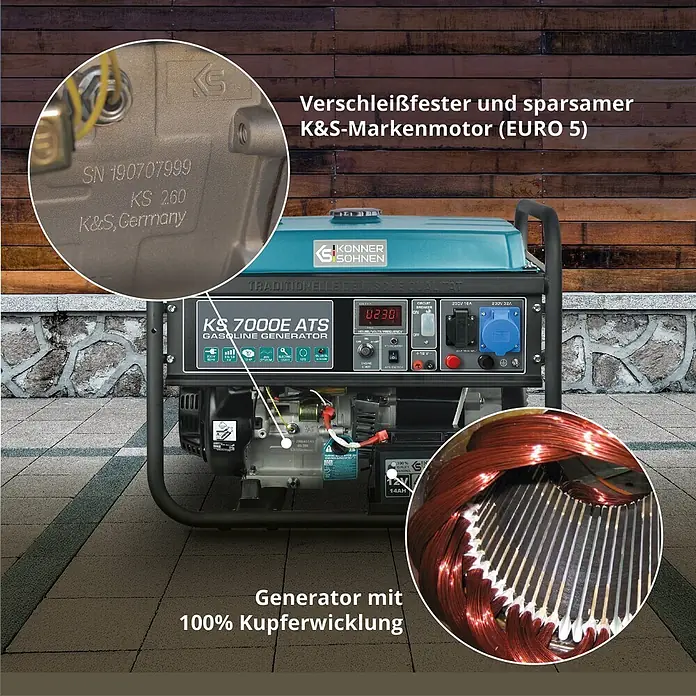 Könner & Söhnen Stromerzeuger KS 7000E ATS - Nennleistung: 5 kW, Tankvolumen: 25 l - K&S KS 7000E ATS Benzingenerator, blau-schwarz, mit robustem EURO 5 Motor und 100% Kupferwicklung, draußen auf Pflasterfläche.