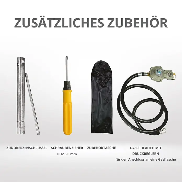 Könner & Söhnen Stromerzeuger KS 2000iG S - Nennleistung: 1,8 kW, Tankvolumen: 5 l - Zusätzliches Zubehör: Zündkerzenschlüssel, Schraubenzieher, schwarze Zubehörtasche, Gasschlauch mit Druckregler für Gasflaschen.