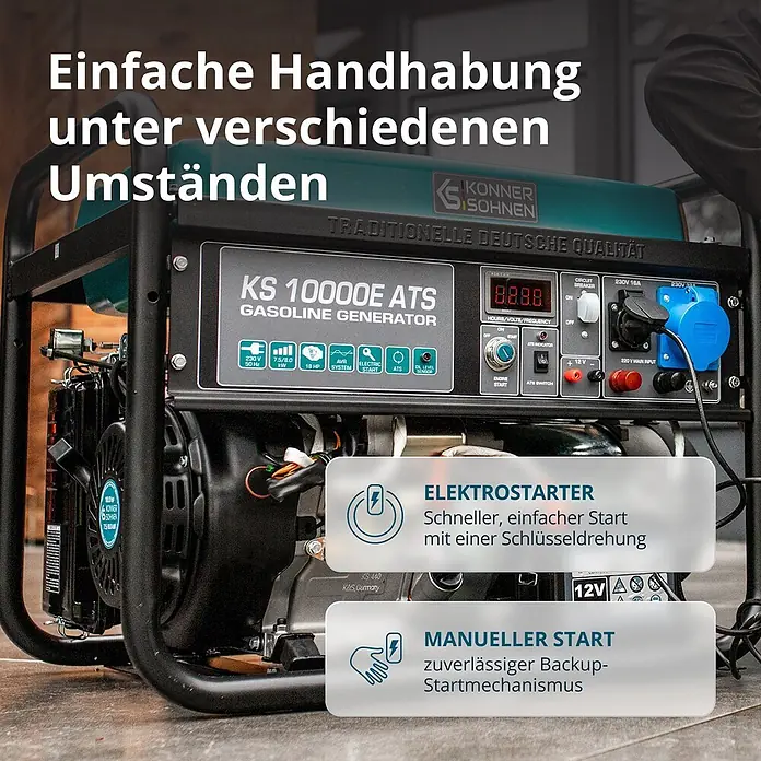 Könner & Söhnen Stromerzeuger KS 10000E ATS - Nennleistung: 7,5 kW, Tankvolumen: 25 l - Ein schwarzer und grüner Benzingenerator, Modell KS 10000E ATS, mit Bedienfeld für Elektro- und manuellen Start für zuverlässige Stromversorgung.