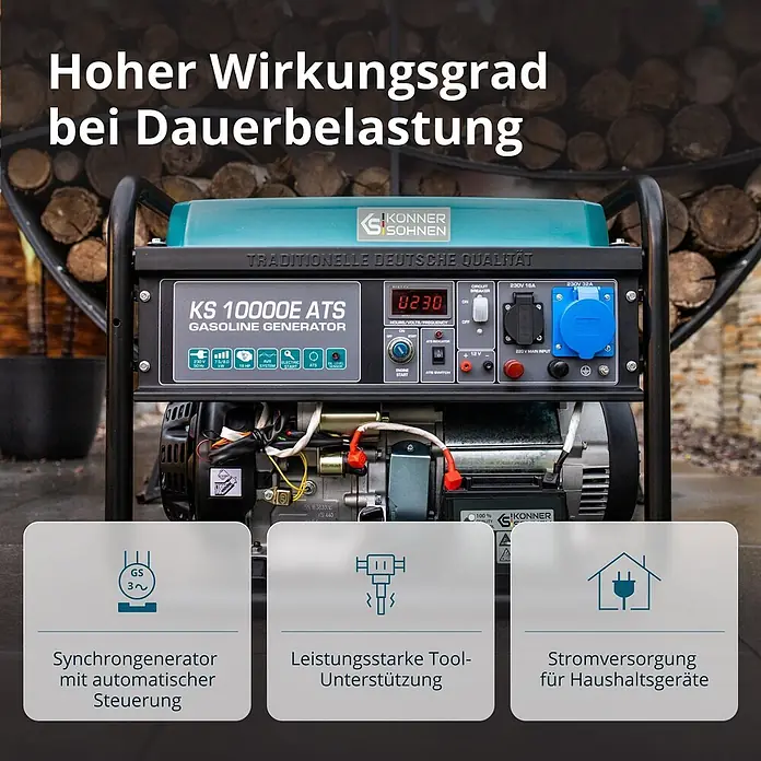 Könner & Söhnen Stromerzeuger KS 10000E ATS - Nennleistung: 7,5 kW, Tankvolumen: 25 l - Ein türkiser und schwarzer Konner & Sohnen Benzingenerator mit Bedienfeld, der Werkzeuge und Haushaltsgeräte mit Strom versorgt.