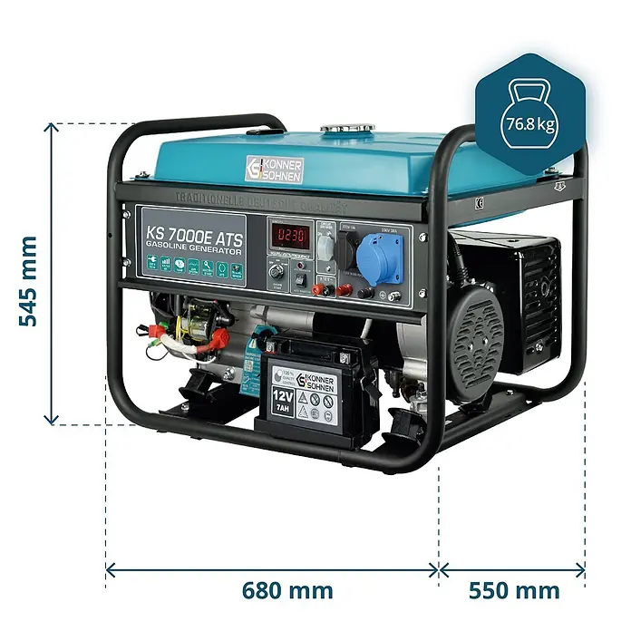 Könner & Söhnen Stromerzeuger KS 7000E ATS - Nennleistung: 5 kW, Tankvolumen: 25 l - Blauer und schwarzer Benzingenerator mit den Maßen 545x680x550 mm (HBT) und einem Gewicht von 76,8 kg.