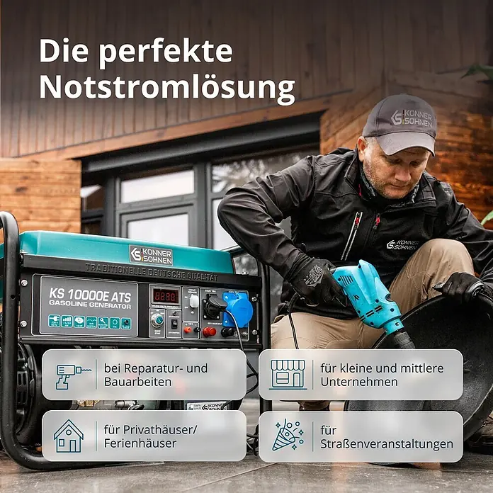 Könner & Söhnen Stromerzeuger KS 10000E ATS - Nennleistung: 7,5 kW, Tankvolumen: 25 l - Ein türkiser Könner & Söhnen Benzingenerator, daneben ein Mann mit Werkzeug, als Notstromlösung für verschiedene Zwecke.