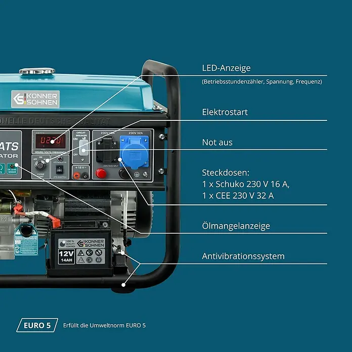 Könner & Söhnen Stromerzeuger KS 10000E ATS - Nennleistung: 7,5 kW, Tankvolumen: 25 l - Ein blau-schwarzer Stromerzeuger mit detailliertem Bedienfeld, verschiedenen Steckdosen und sichtbarer Batterie.