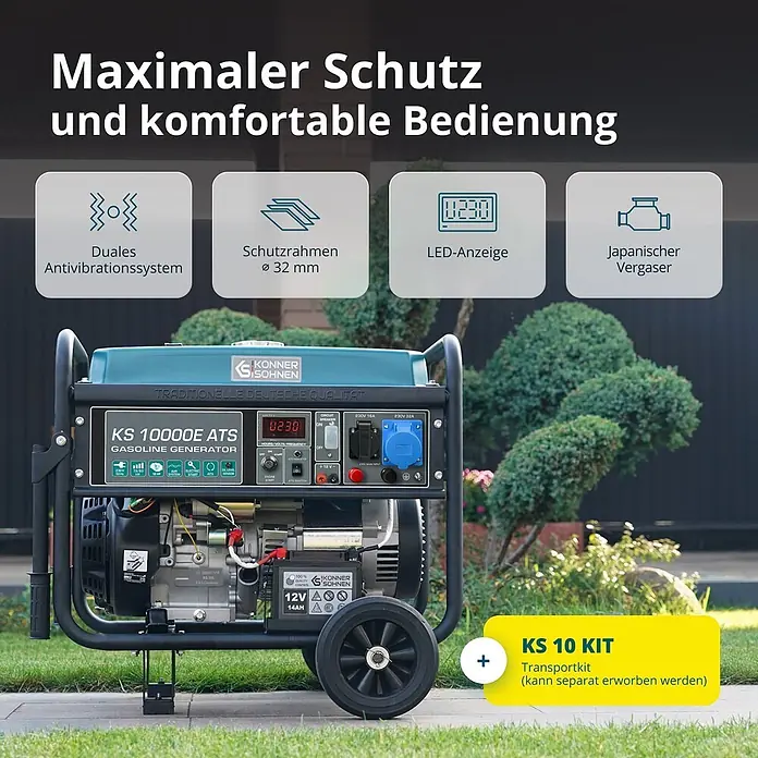 Könner & Söhnen Stromerzeuger KS 10000E ATS - Nennleistung: 7,5 kW, Tankvolumen: 25 l - Ein teal-farbener und schwarzer Konner & Sohnen KS 10000E ATS Benzingenerator mit Schutzrahmen und Rädern, im Freien gezeigt.
