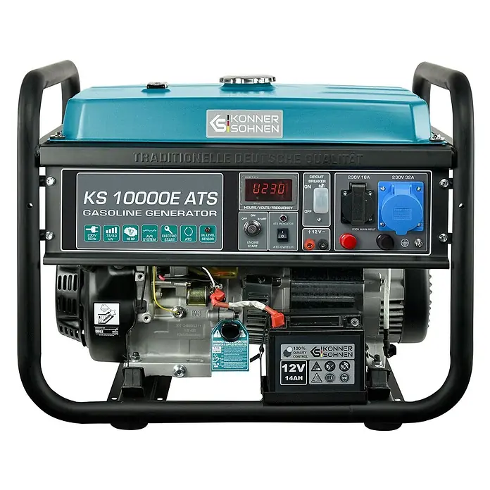 Könner & Söhnen Stromerzeuger KS 10000E ATS - Nennleistung: 7,5 kW, Tankvolumen: 25 l - Türkis-schwarzer Benzingenerator mit Bedienfeld, verschiedenen Steckdosen und Elektrostarter.