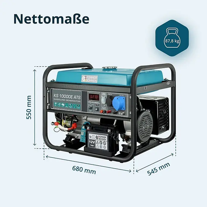 Könner & Söhnen Stromerzeuger KS 10000E ATS - Nennleistung: 7,5 kW, Tankvolumen: 25 l - Blauer und schwarzer Benzingenerator (Konner & Sohnen KS 10000E ATS), Maße 550x680x545 mm, Gewicht 87,8 kg.