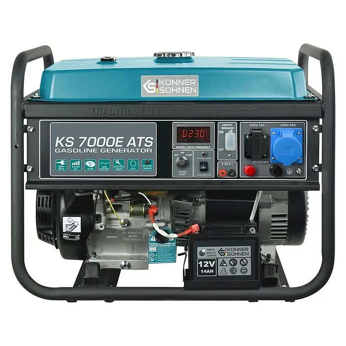 Könner & Söhnen Stromerzeuger KS 7000E ATS - Nennleistung: 5 kW, Tankvolumen: 25 l - Könner & Söhnen KS 7000E ATS Benzingenerator, türkis-schwarz, mit E-Start, 5,0/5,5 kW Leistung und verschiedenen Steckdosen.