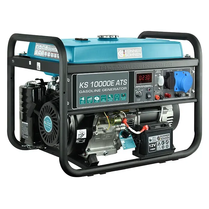 Könner & Söhnen Stromerzeuger KS 10000E ATS - Nennleistung: 7,5 kW, Tankvolumen: 25 l - Konner & Sohnen KS 10000E ATS Benzingenerator mit blauem Kraftstofftank, schwarzem Rahmen und Bedienfeld mit Ausgängen und Digitalanzeige.