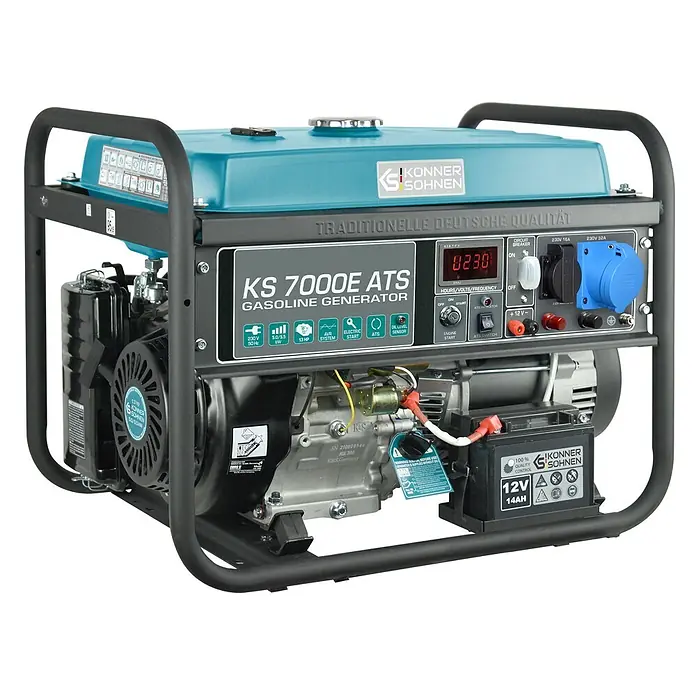 Könner & Söhnen Stromerzeuger KS 7000E ATS - Nennleistung: 5 kW, Tankvolumen: 25 l - Benzingenerator Konner & Sohnen KS 7000E ATS in Blau und Schwarz mit Bedienfeld und Steckdosen. Verfügt über Elektrostart und ATS.