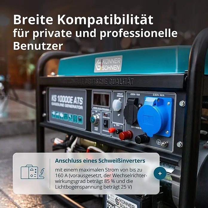 Könner & Söhnen Stromerzeuger KS 10000E ATS - Nennleistung: 7,5 kW, Tankvolumen: 25 l - Türkiser und schwarzer Konner & Sohnen Benzingenerator mit Bedienfeld, Steckdosen und Schweißinverter-Anschluss.