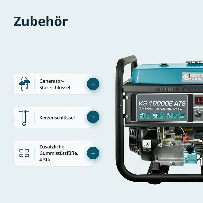 Könner & Söhnen Stromerzeuger KS 10000E ATS - Nennleistung: 7,5 kW, Tankvolumen: 25 l - Blauer und schwarzer Benzingenerator mit Bedienfeld, daneben eine Liste mit Zubehör: Generatorschlüssel, Kerzenschlüssel, Gummifüße.