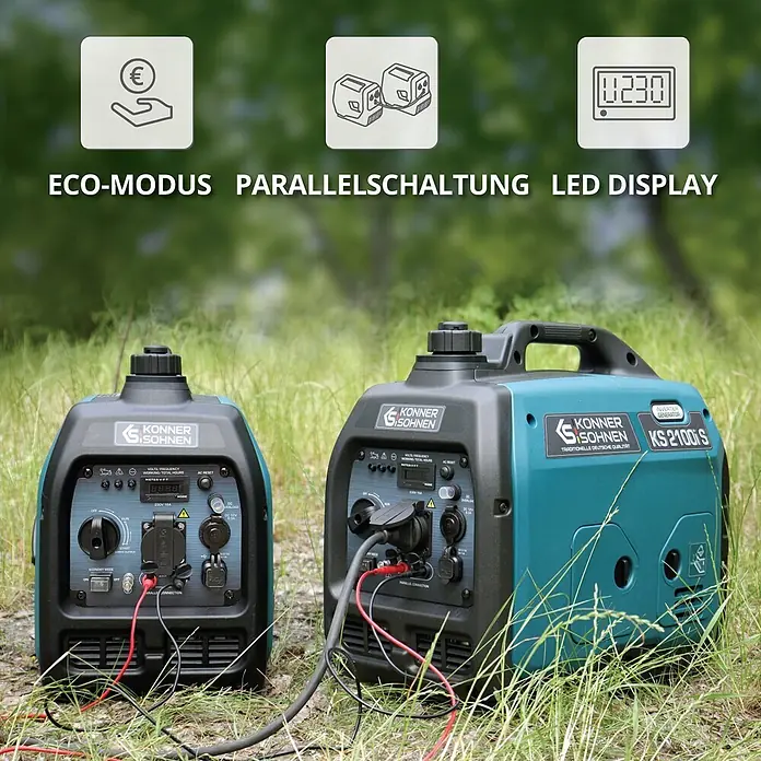 Könner & Söhnen Stromerzeuger KS 2100i S - Nennleistung: 1,8 kW, Tankvolumen: 4 l - Zwei Könner & Söhnen KS 2100 S Inverter-Generatoren in Türkis/Schwarz, im Parallelschaltungsmodus auf Gras.