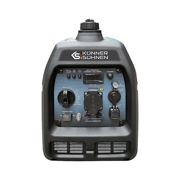 Könner & Söhnen Stromerzeuger KS 2100i S - Nennleistung: 1,8 kW, Tankvolumen: 4 l - Kompakter dunkelgrauer Inverter-Generator mit sichtbarem Bedienfeld, Steckdosen, Digitalanzeige und Schaltern.