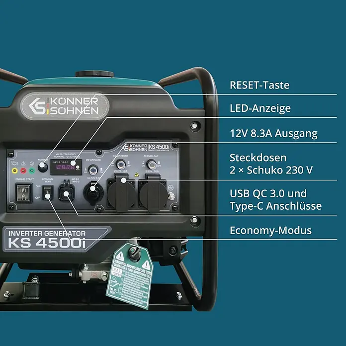 Könner & Söhnen Stromerzeuger KS 4500i - Nennleistung: 4,2 kW, Tankvolumen: 13 l - Schwarzer und türkisfarbener Könner & Söhnen Inverter Generator KS 4500i.