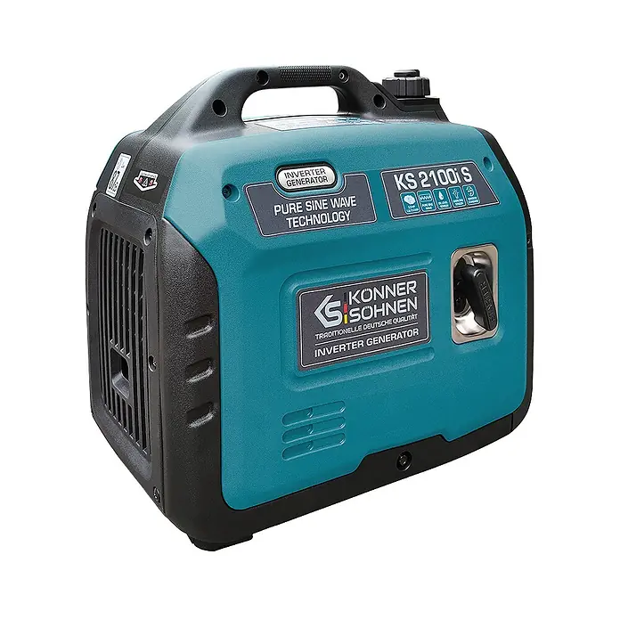 Könner & Söhnen Stromerzeuger KS 2100i S - Nennleistung: 1,8 kW, Tankvolumen: 4 l - Türkis-schwarzer Könner & Söhnen KS 2100i S Inverter-Generator mit reiner Sinuswelle für tragbare Stromversorgung.