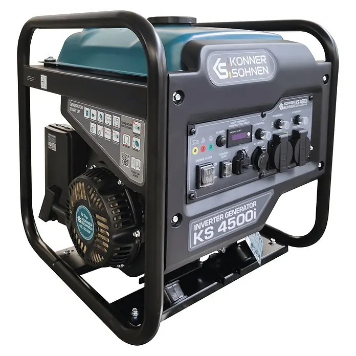 Könner & Söhnen Stromerzeuger KS 4500i - Nennleistung: 4,2 kW, Tankvolumen: 13 l - Schwarzer und tealfarbener Konner Sohnen Inverter-Generator KS 4500i mit Bedienfeld und schwarzem Schutzrahmen.