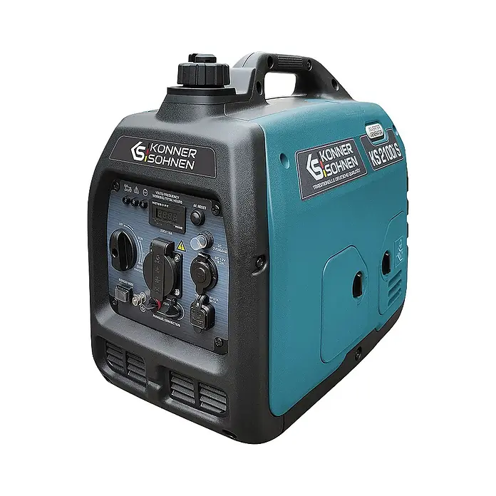 Könner & Söhnen Stromerzeuger KS 2100i S - Nennleistung: 1,8 kW, Tankvolumen: 4 l - Ein Konner & Sohnen KS 2100S tragbarer Inverter-Generator, schwarz-türkis, mit Bedienfeld und verschiedenen Steckdosen.