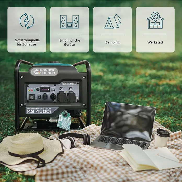 Könner & Söhnen Stromerzeuger KS 4500i - Nennleistung: 4,2 kW, Tankvolumen: 13 l - Schwarzer und grüner Konner & Sohnen KS 4500i Inverter-Generator, vielseitig einsetzbar für Zuhause, Camping, empfindliche Geräte und Werkstatt.