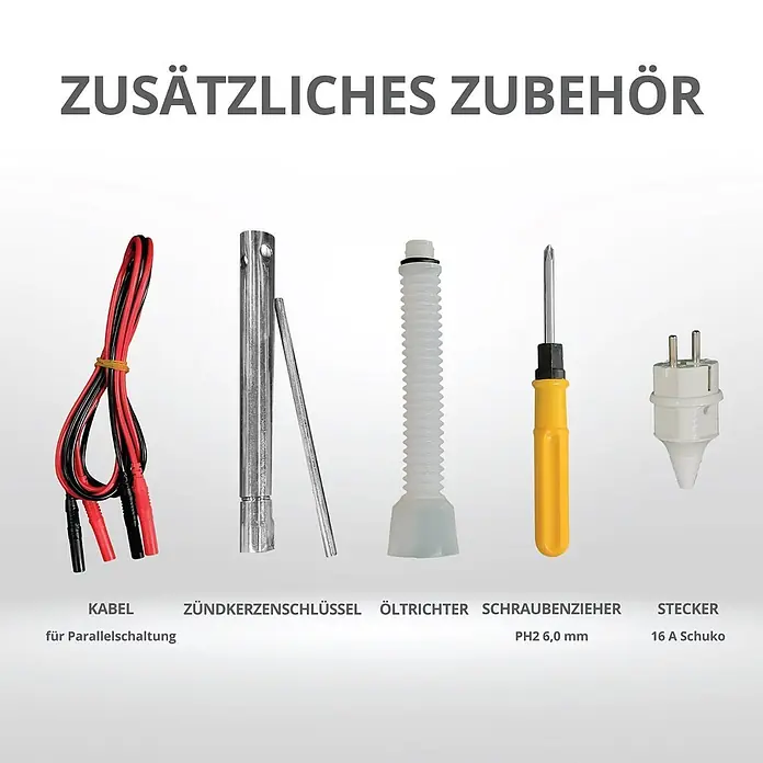 Könner & Söhnen Stromerzeuger KS 2100i S - Nennleistung: 1,8 kW, Tankvolumen: 4 l - Zusätzliches Zubehör: Parallelschaltungskabel, Zündkerzenschlüssel, Öltrichter, Schraubenzieher, Schuko-Stecker.