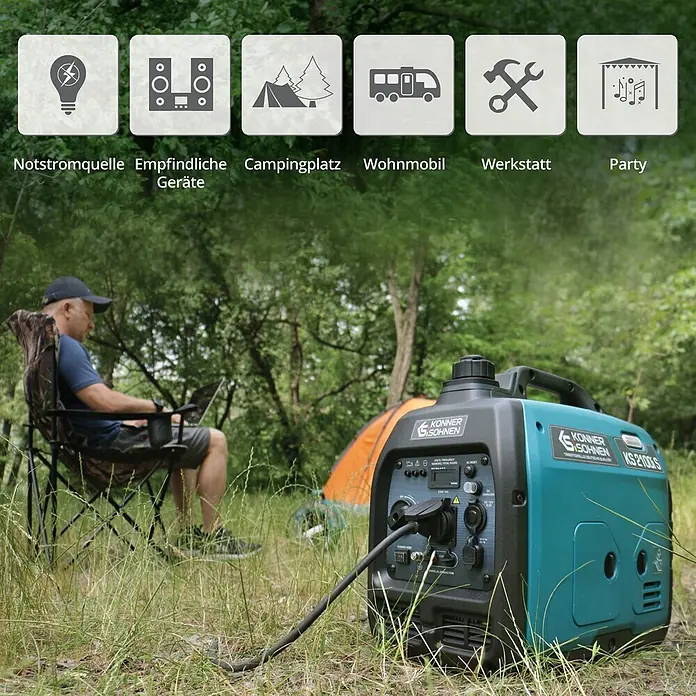 Könner & Söhnen Stromerzeuger KS 2100i S - Nennleistung: 1,8 kW, Tankvolumen: 4 l - Türkiser und schwarzer portabler Konner & Sohnen KS2100S Inverter-Generator, der einen Laptop beim Camping im Freien mit Strom versorgt.