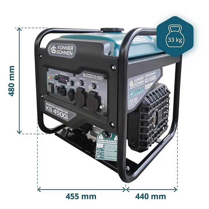Könner & Söhnen Stromerzeuger KS 4500i - Nennleistung: 4,2 kW, Tankvolumen: 13 l - Konner & Sohnen KS 4500i Inverter-Generator in Schwarz und Petrol, mit Bedienfeld, Maßen (480x455x440mm) und Gewicht (33 kg).