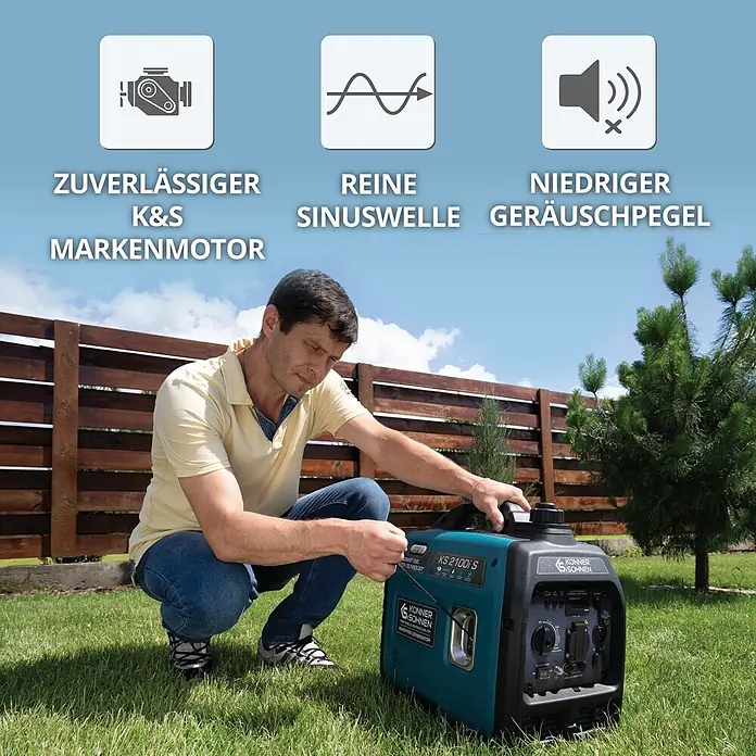 Könner & Söhnen Stromerzeuger KS 2100i S - Nennleistung: 1,8 kW, Tankvolumen: 4 l - Mann kniet neben einem türkisfarbenen und schwarzen Konner & Sohnen Inverter-Generator KS 2100i S im Garten.