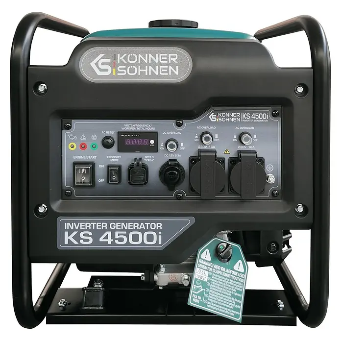 Könner & Söhnen Stromerzeuger KS 4500i - Nennleistung: 4,2 kW, Tankvolumen: 13 l - Könner & Söhnen KS 4500i Inverter-Generator mit dunkelgrauem Gehäuse, tealfarbener Oberseite, schwarzem Rahmen und detailliertem Bedienfeld mit Steckdosen und Display.