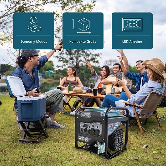 Könner & Söhnen Stromerzeuger KS 4500i - Nennleistung: 4,2 kW, Tankvolumen: 13 l - Schwarz-türkiser Konner & Sohnen KS 4500i Inverter-Generator beim Picknick. Mit Economy-Modus, kompakter Größe, LED-Anzeige.