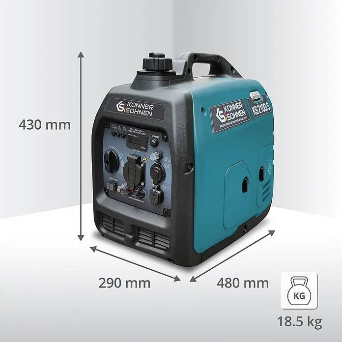 Könner & Söhnen Stromerzeuger KS 2100i S - Nennleistung: 1,8 kW, Tankvolumen: 4 l - Schwarz-türkiser Konner & Sohnen KS 2100iS Inverter-Generator mit Bedienfeld, Griff und Abmessungen (430x290x480mm, 18,5 kg).