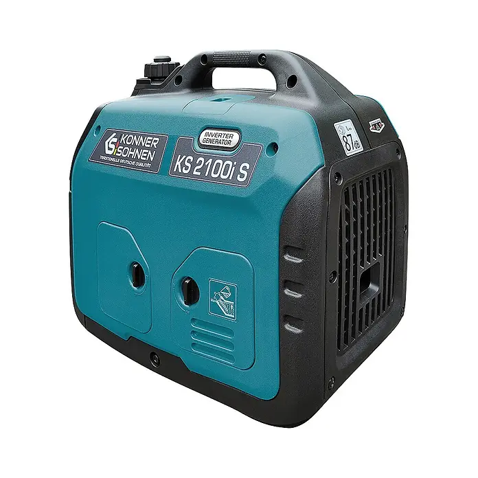 Könner & Söhnen Stromerzeuger KS 2100i S - Nennleistung: 1,8 kW, Tankvolumen: 4 l - Türkis-schwarzer Konner & Sohnen KS 2100i S Inverter-Generator mit Tragegriff und Seitenbelüftung.