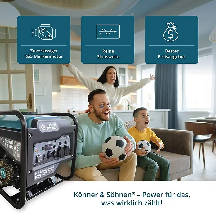 Könner & Söhnen Stromerzeuger KS 4500i - Nennleistung: 4,2 kW, Tankvolumen: 13 l - Ein schwarzer und türkiser Könner & Söhnen KS 4500i Inverter-Generator versorgt eine Familie, die zu Hause Unterhaltung genießt.