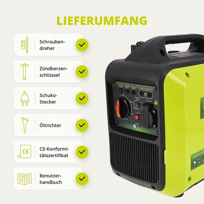 Könner & Söhnen Stromerzeuger KSB 18i S - Nennleistung: 1,8 kW, Tankvolumen: 4 l - Leuchtend grüner und schwarzer Inverter-Generator mit Bedienfeld, daneben eine Liste mit Zubehör.