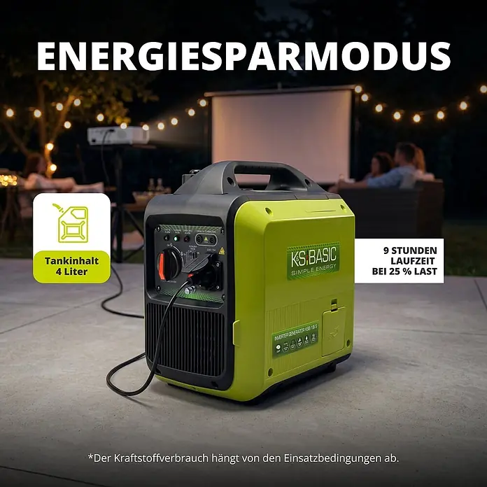 Könner & Söhnen Stromerzeuger KSB 18i S - Nennleistung: 1,8 kW, Tankvolumen: 4 l - Ein grüner und grauer Inverter-Generator im Energiesparmodus, der einen Projektor für eine Gartenparty mit Strom versorgt.