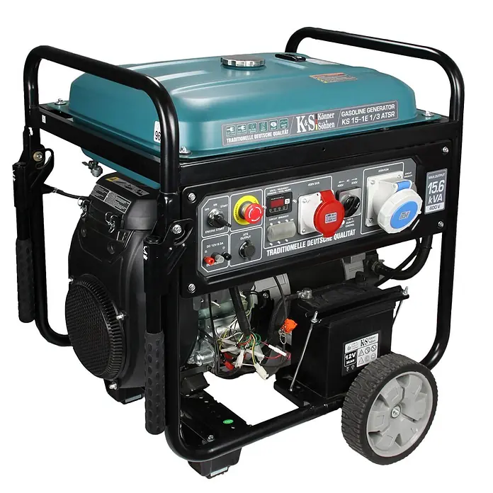 Könner & Söhnen Stromerzeuger KS 15-1E 1/3 ATSR - Tankvolumen: 55 l - Könner & Söhnen 15,6 kVA Benzingenerator mit türkisem Tank, schwarzem Rahmen, Bedienfeld und Rädern.