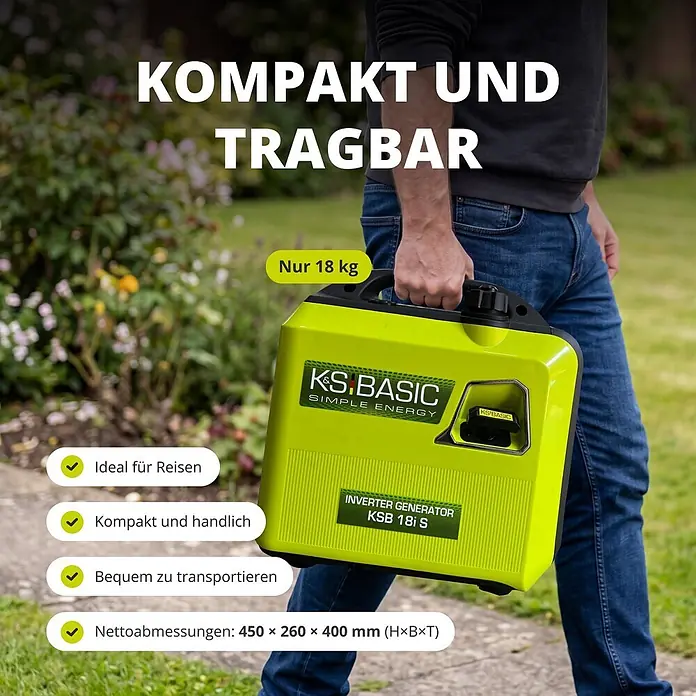 Könner & Söhnen Stromerzeuger KSB 18i S - Nennleistung: 1,8 kW, Tankvolumen: 4 l - Mann trägt einen limettengrünen, tragbaren Inverter-Generator, der seine kompakte Größe betont.