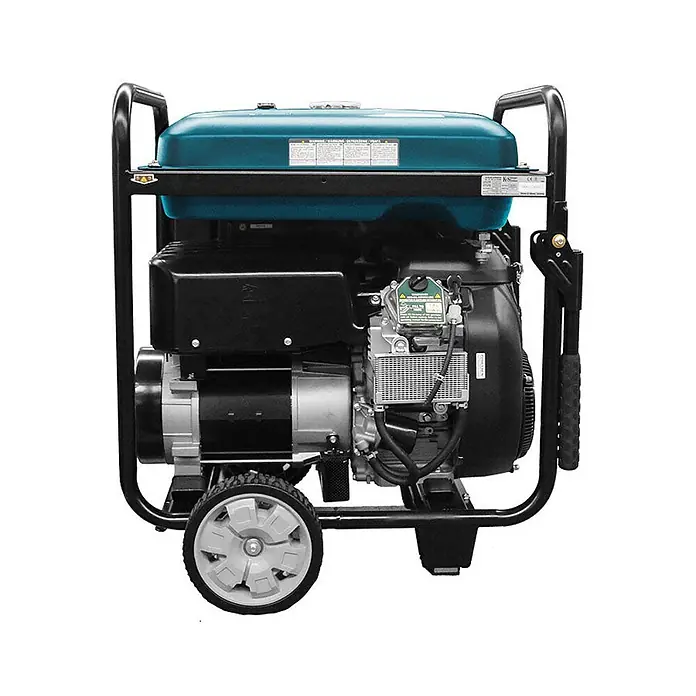Könner & Söhnen Stromerzeuger KS 15-1E 1/3 ATSR - Tankvolumen: 55 l - Ein tragbarer Generator mit schwarzem Rahmen, blaugrünem Kraftstofftank, schwarzem Motor, silbernem Generator und grauen Rädern.