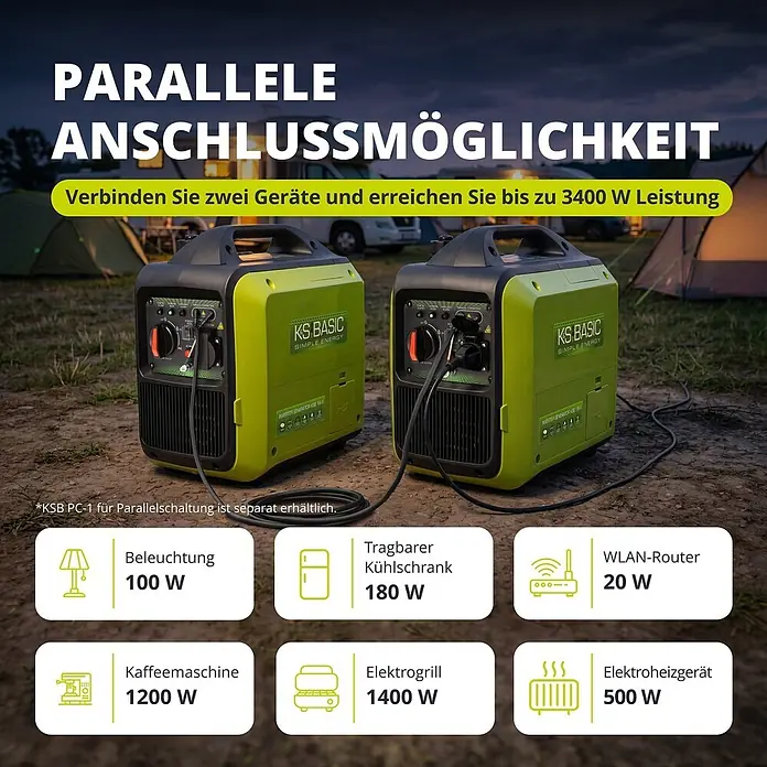 Könner & Söhnen Stromerzeuger KSB 18i S - Nennleistung: 1,8 kW, Tankvolumen: 4 l - Zwei grün-schwarze tragbare Inverter-Generatoren parallel verbunden, liefern bis zu 3400W Leistung für den Außeneinsatz.