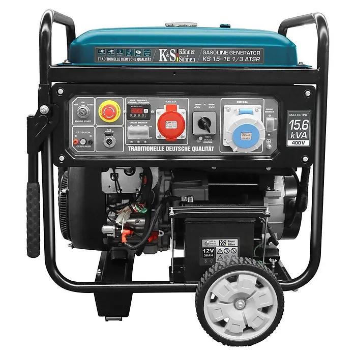Könner & Söhnen Stromerzeuger KS 15-1E 1/3 ATSR - Tankvolumen: 55 l - Ein Könner & Söhnen Benzingenerator mit schwarzem Rahmen, blauem Tank und detailliertem Bedienfeld. Er liefert 15,6 kVA Leistung.
