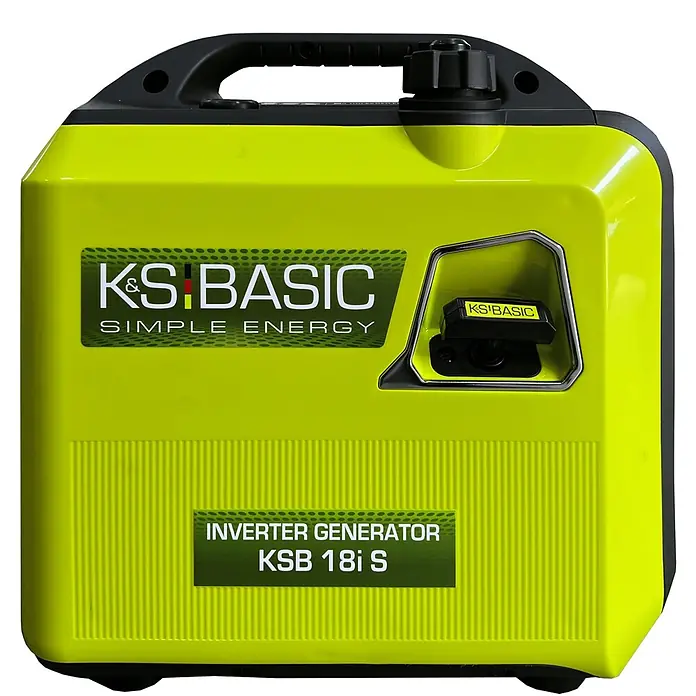 Könner & Söhnen Stromerzeuger KSB 18i S - Nennleistung: 1,8 kW, Tankvolumen: 4 l - Hellgrüner KS&BASIC KSB 18i S Inverter-Generator mit schwarzem Griff und Bedienfeld.