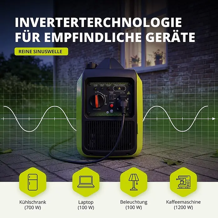 Könner & Söhnen Stromerzeuger KSB 18i S - Nennleistung: 1,8 kW, Tankvolumen: 4 l - Grün-schwarzer Inverter-Generator mit reiner Sinuswelle, versorgt empfindliche Elektronik wie Laptops, Kühlschränke, Lampen und Kaffeemaschinen.
