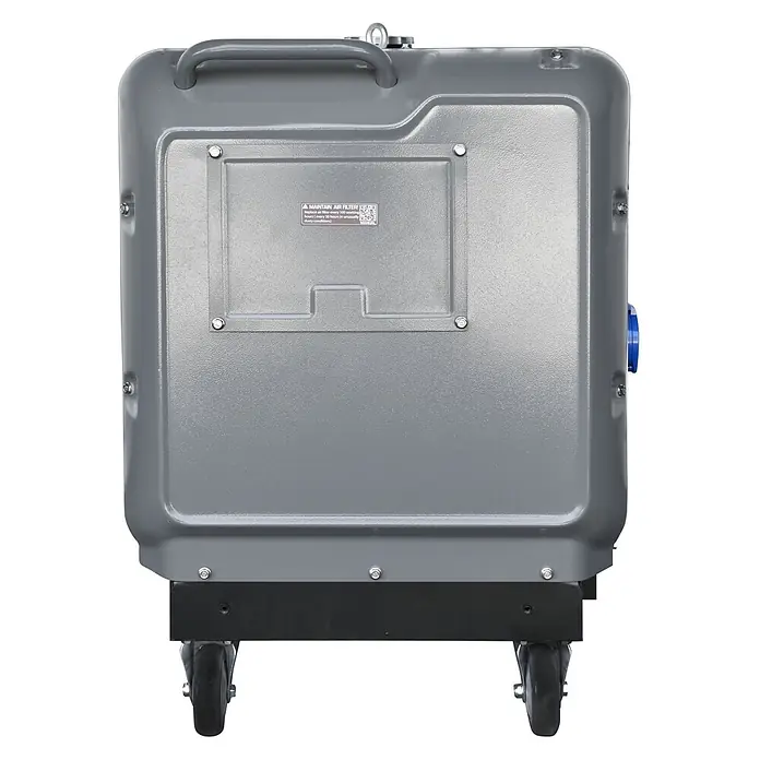 Könner & Söhnen Stromerzeuger KS 9300DE-1/3 ATSR - Tankvolumen: 15 l - Graues, strukturiertes industrielles Luftreinigungsgerät auf Rädern mit Griff, Seitenanschluss und Filterwartungshinweis.