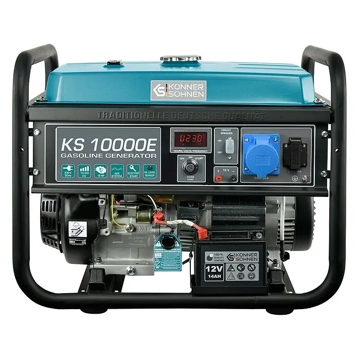 Könner & Söhnen Stromerzeuger KS 10000E - Nennleistung: 7,5 kW, Tankvolumen: 25 l - Ein blau-schwarzer Konner & Sohnen KS 10000E Benzingenerator mit Bedienfeld, Digitalanzeige und verschiedenen Steckdosen.