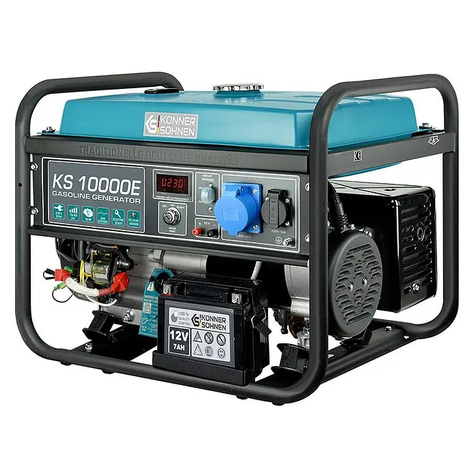 Könner & Söhnen Stromerzeuger KS 10000E - Nennleistung: 7,5 kW, Tankvolumen: 25 l - Könner & Söhnen KS 10000E Benzin-Stromerzeuger mit türkisfarbenem Tank, schwarzem Rahmen und Bedienfeld.