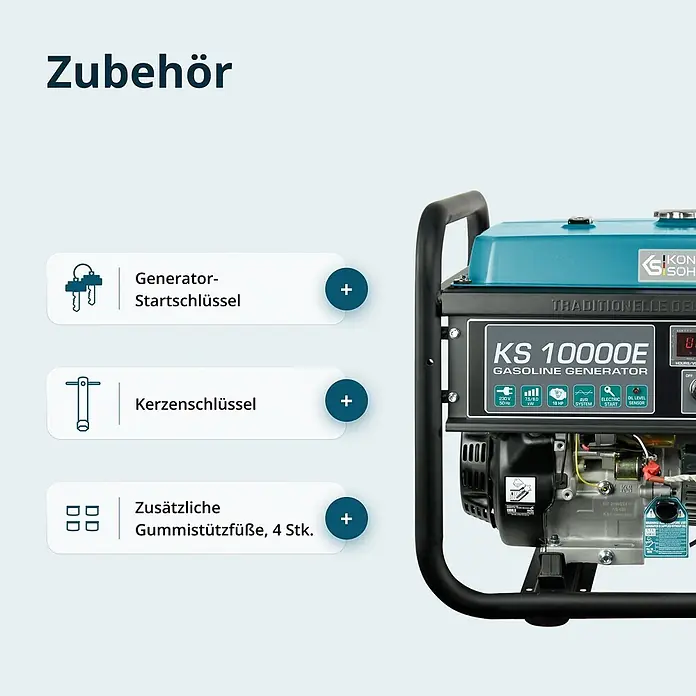 Könner & Söhnen Stromerzeuger KS 10000E - Nennleistung: 7,5 kW, Tankvolumen: 25 l - Blauer und schwarzer KS 10000E Benzingenerator mit aufgeführtem Zubehör: Startschlüssel, Kerzenschlüssel und Gummifüße.