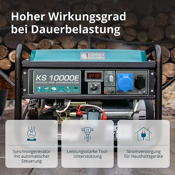 Könner & Söhnen Stromerzeuger KS 10000E - Nennleistung: 7,5 kW, Tankvolumen: 25 l - Ein teal-schwarzer Stromgenerator KS 10000E mit digitalen Anzeigen, der hohe Leistung für Haushaltsgeräte und Werkzeuge bietet.