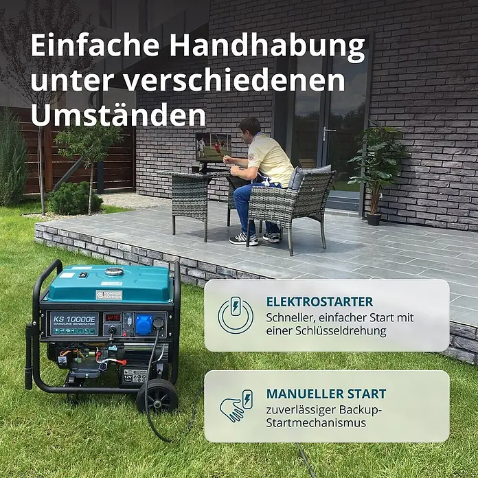 Könner & Söhnen Stromerzeuger KS 10000E - Nennleistung: 7,5 kW, Tankvolumen: 25 l - Grüner und schwarzer Benzin-Generator im Freien mit Elektro- und manuellem Start, versorgt Geräte für eine Person.