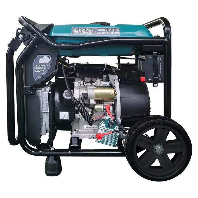 Könner & Söhnen Stromerzeuger KS 8100iE 1/3 ATSR - Nennleistung: 8 kW, Tankvolumen: 20 l - Tragbarer Inverter-Generator mit tealfarbenem Tank, schwarzem Rahmen und schwarzen Rädern.