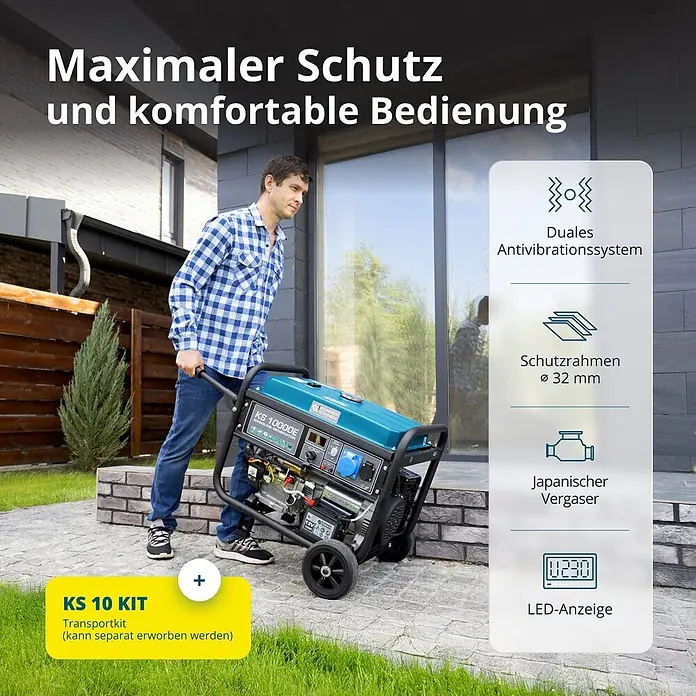 Könner & Söhnen Stromerzeuger KS 10000E - Nennleistung: 7,5 kW, Tankvolumen: 25 l - Ein Mann schiebt einen türkis-schwarzen Benzingenerator mit Rädern auf einem gepflasterten Weg. Text hebt Merkmale wie Antivibrationssystem und Transportkit hervor.
