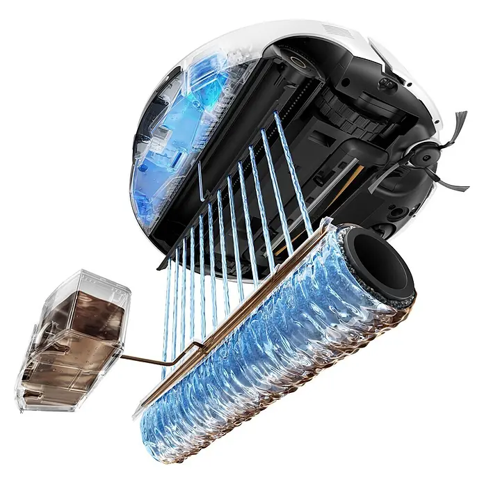 Mova Robot aspirador con mopa S70 Roller - Potencia de aspiración: 28.000 Pa, Capacidad del robot: 150 ml - Vista en sección de un robot limpiasuelos blanco y negro que muestra un depósito de agua transparente que dispensa agua azul sobre un rodillo de fregona giratorio.
